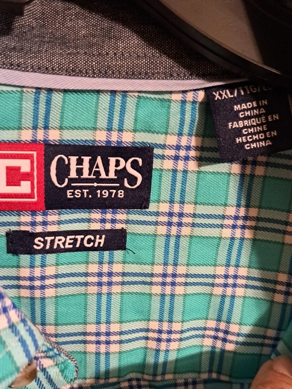 CHAPS XXL NWT Stretch Plaid Button Down Shirt Green Teal Blue White